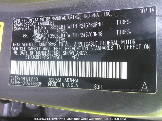 5TDJKRFH8FS101504 - 2015 TOYOTA HIGHLANDER XLE Pewter photo 9