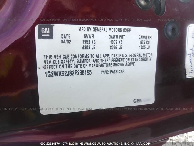 1G2WK52J82F236195 - 2002 PONTIAC GRAND PRIX SE 栗色 照片 9