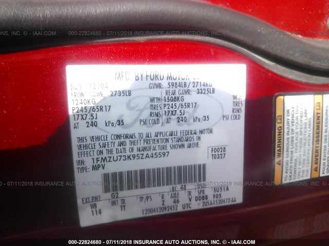 1FMZU73K95ZA45597 - 2005 FORD EXPLORER XLT/XLT SPORT/NBX 红色 照片 9