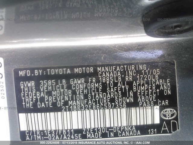 2T1BR32E86C597356 - 2006 TOYOTA COROLLA CE/LE/S GRAY photo 9