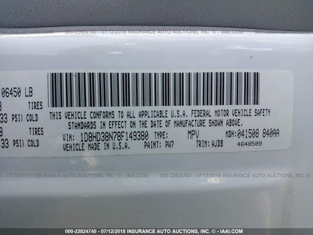 1D8HD38N78F149380 - 2008 DODGE DURANGO SXT WHITE photo 9