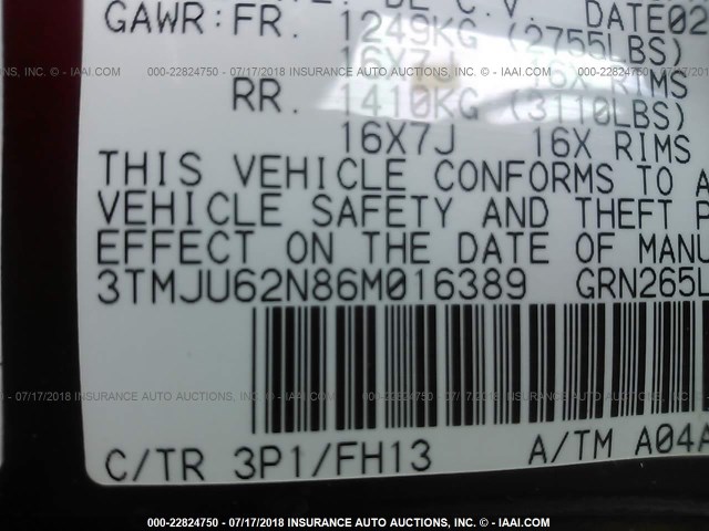3TMJU62N86M016389 - 2006 TOYOTA TACOMA DOUBLE CAB PRERUNNER RED photo 9