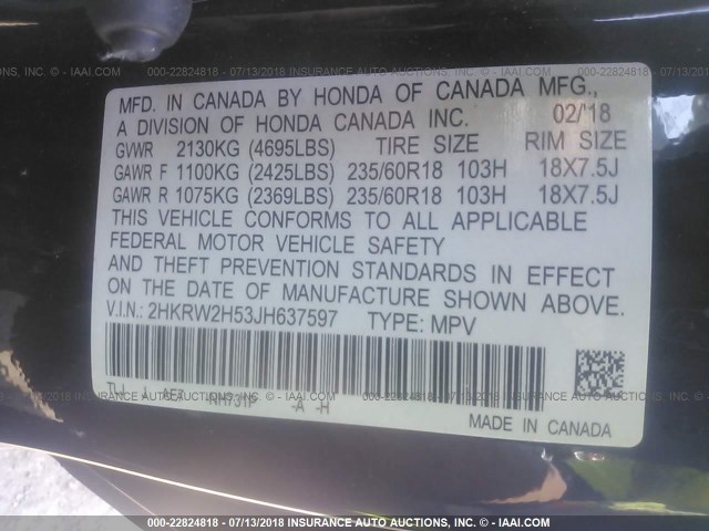 2HKRW2H53JH637597 - 2018 HONDA CR-V EX 黑色 照片 9