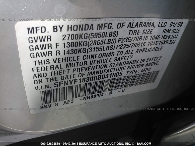 5FNYF18308B041005 - 2008 HONDA PILOT SE SILVER photo 9