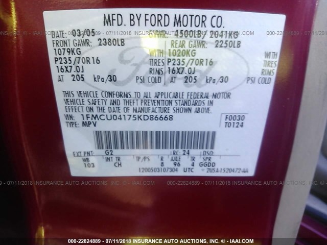 1FMCU04175KD86668 - 2005 FORD ESCAPE LIMITED RED photo 9