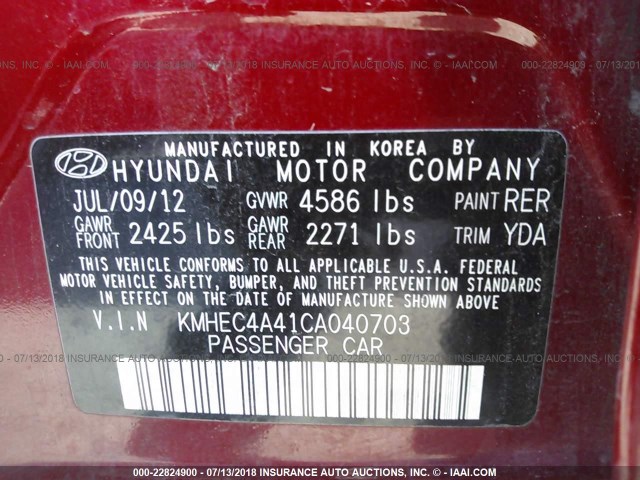 KMHEC4A41CA040703 - 2012 HYUNDAI SONATA HYBRID RED photo 9