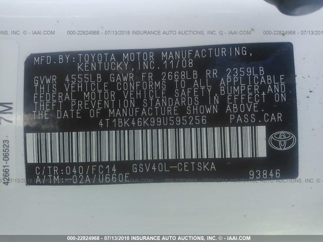 4T1BK46K99U595256 - 2009 TOYOTA CAMRY SE/LE/XLE WHITE photo 9