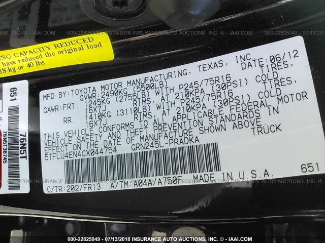 5TFLU4EN4CX044754 - 2012 TOYOTA TACOMA DOUBLE CAB შავი ფოტო 9