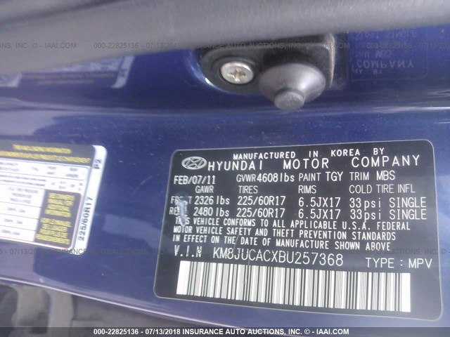 KM8JUCACXBU257368 - 2011 HYUNDAI TUCSON GLS/LIMITED BLUE photo 9