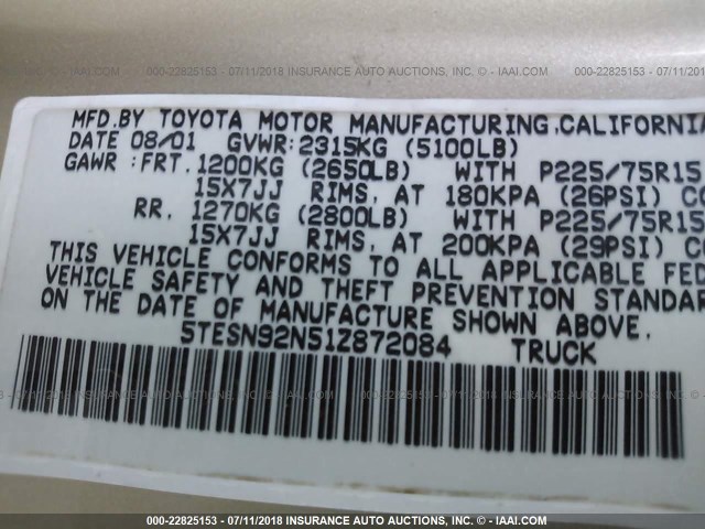 5TESN92N51Z872084 - 2001 TOYOTA TACOMA XTRACAB PRERUNNER 金色 照片 9