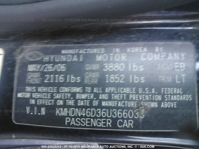 KMHDN46D36U366035 - 2006 HYUNDAI ELANTRA GLS/GT/LIMITED BLACK photo 9