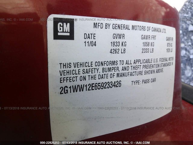 2G1WW12E659233426 - 2005 CHEVROLET MONTE CARLO LS RED photo 9