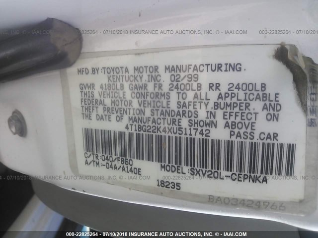 4T1BG22K4XU511742 - 1999 TOYOTA CAMRY CE/LE/XLE 白色 照片 9