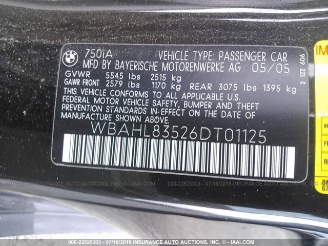 WBAHL83526DT01125 - 2006 BMW 750 I BLACK photo 9