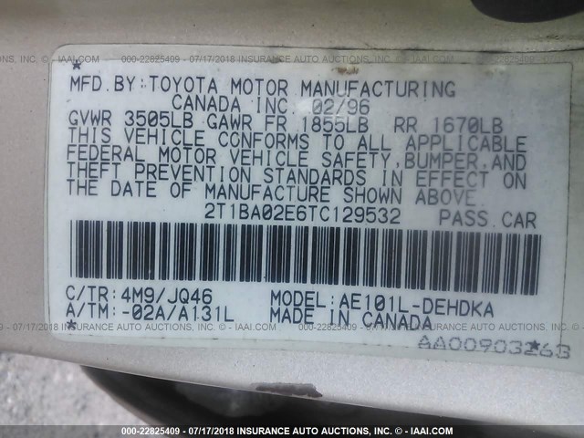 2T1BA02E6TC129532 - 1996 TOYOTA COROLLA GOLD photo 9