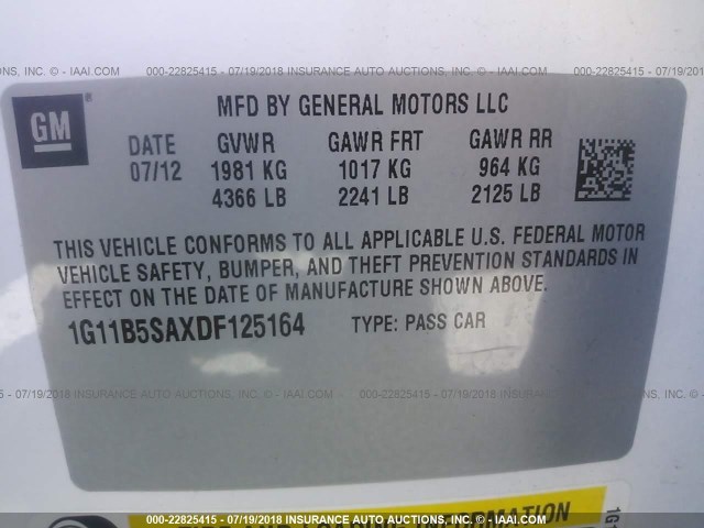 1G11B5SAXDF125164 - 2013 CHEVROLET MALIBU LS WHITE photo 9