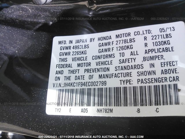 JH4KC1F94EC002799 - 2014 ACURA RLX ADVANCE GRAY photo 9