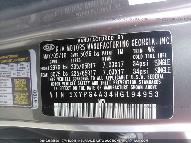 5XYPG4A34HG194953 - 2017 KIA SORENTO LX/L GRAY photo 9