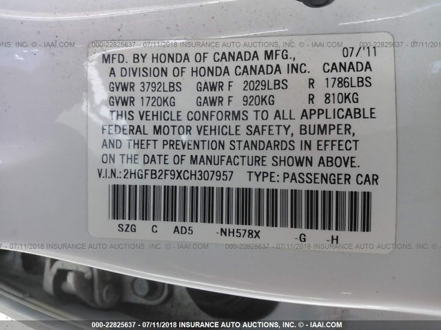 2HGFB2F9XCH307957 - 2012 HONDA CIVIC EXL თეთრი ფოტო 9