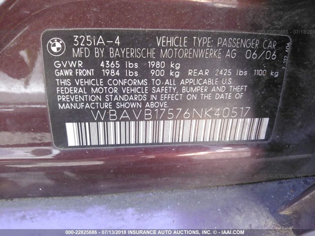 WBAVB17576NK40517 - 2006 BMW 325 I AUTOMATIC MAROON photo 9