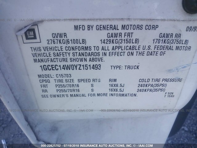 1GCEC14W0YZ151493 - 2000 CHEVROLET SILVERADO C1500 WHITE photo 9