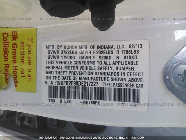 19XFB2F90DE217227 - 2013 HONDA CIVIC EXL 白色 照片 9