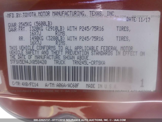 5TFSX5EN4JX058420 - 2018 TOYOTA TACOMA ACCESS CAB/SR/SR5 ORANGE photo 9