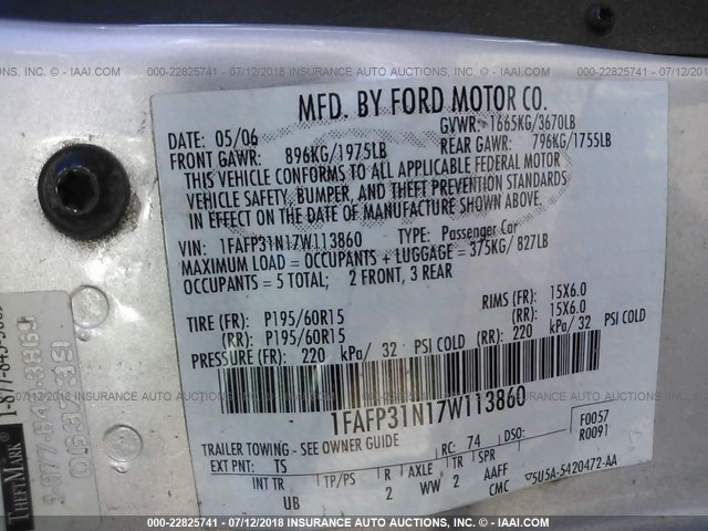 1FAFP31N17W113860 - 2007 FORD FOCUS ZX3/S/SE/SES SILVER photo 9