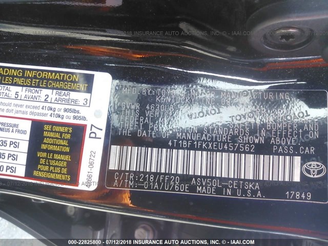 4T1BF1FKXEU457562 - 2014 TOYOTA CAMRY L/SE/LE/XLE შავი ფოტო 9