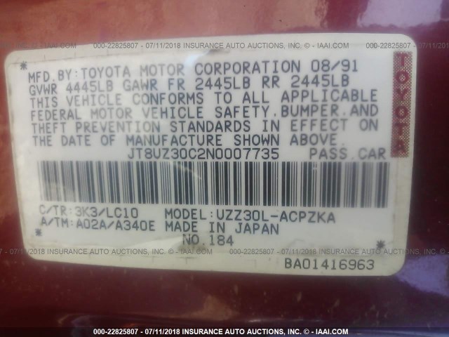 JT8UZ30C2N0007735 - 1992 LEXUS SC 400 RED photo 9