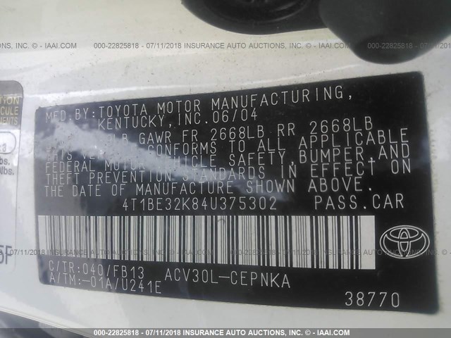 4T1BE32K84U375302 - 2004 TOYOTA CAMRY LE/XLE/SE 白色 照片 9