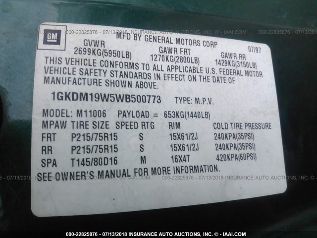 1GKDM19W5WB500773 - 1998 GMC SAFARI XT GREEN photo 9