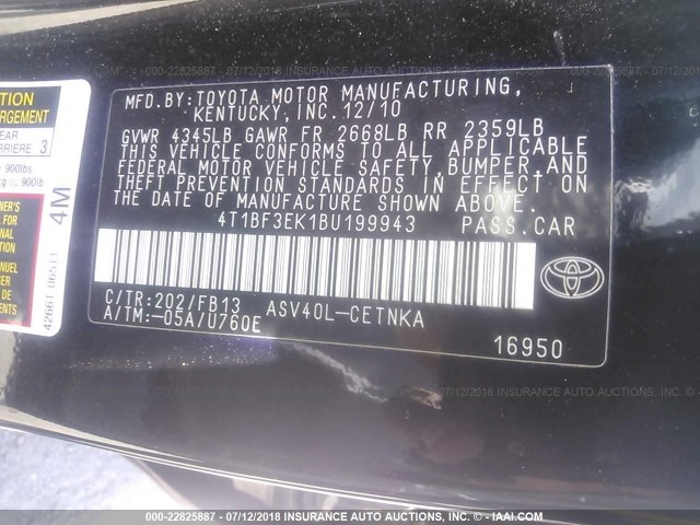 4T1BF3EK1BU199943 - 2011 TOYOTA CAMRY SE/LE/XLE BLACK photo 9