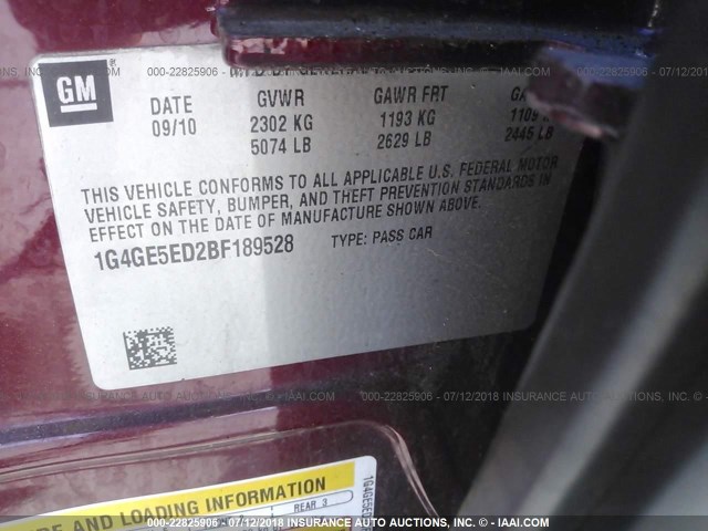 1G4GE5ED2BF189528 - 2011 BUICK LACROSSE CXS RED photo 9