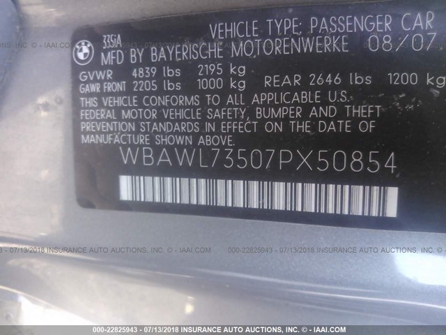 WBAWL73507PX50854 - 2007 BMW 335 I GRAY photo 9