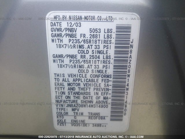 JN8AZ08W14W314900 - 2004 NISSAN MURANO SL/SE SILVER photo 9