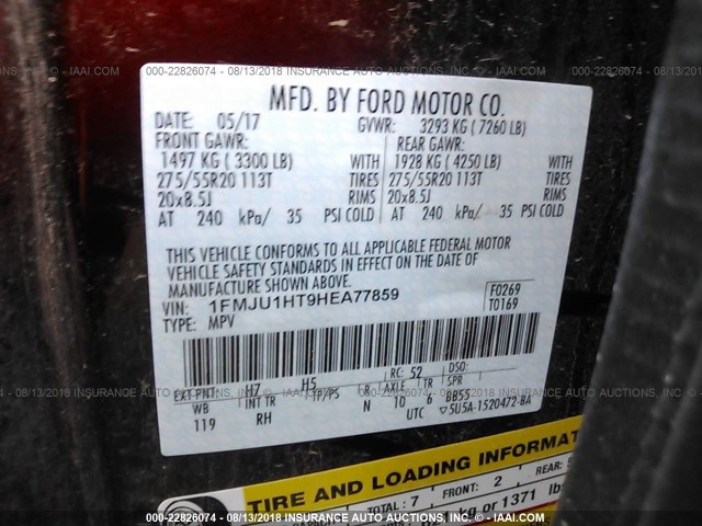 1FMJU1HT9HEA77859 - 2017 FORD EXPEDITION XLT/KING RANCH Champagne photo 9