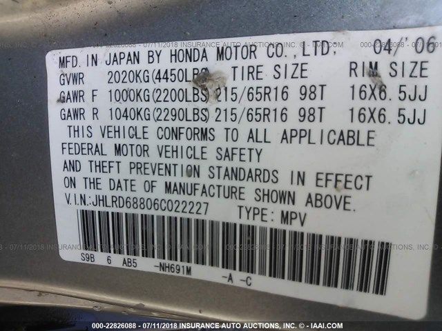 JHLRD68806C022227 - 2006 HONDA CR-V EX GRAY photo 9