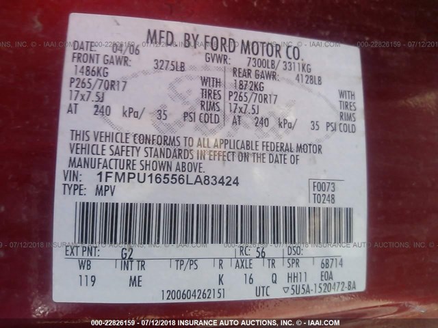 1FMPU16556LA83424 - 2006 FORD EXPEDITION XLT RED photo 9