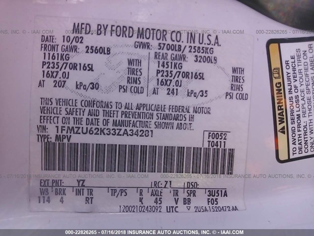 1FMZU62K33ZA34281 - 2003 FORD EXPLORER XLS/XLS SPORT WHITE photo 9