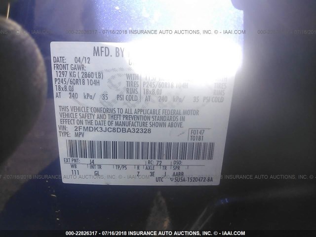 2FMDK3JC8DBA32328 - 2013 FORD EDGE SEL BLUE photo 9