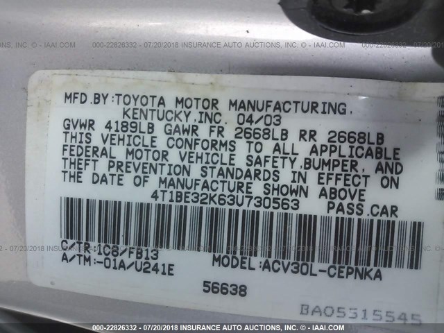 4T1BE32K63U730563 - 2003 TOYOTA CAMRY LE/XLE/SE GRAY photo 9