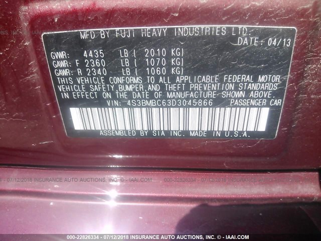 4S3BMBC63D3045866 - 2013 SUBARU LEGACY 2.5I PREMIUM MAROON photo 9