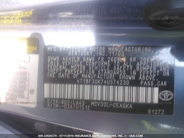 4T1BF30K74U574230 - 2004 TOYOTA CAMRY LE/XLE/SE Көк фото 9