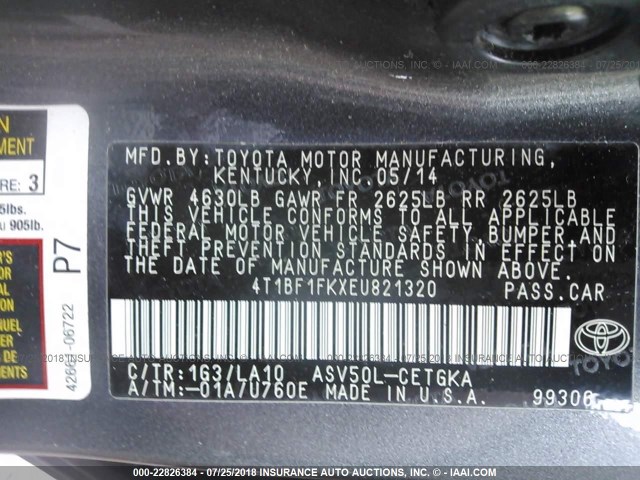 4T1BF1FKXEU821320 - 2014 TOYOTA CAMRY L/SE/LE/XLE 灰色 照片 9