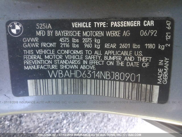 WBAHD6314NBJ80901 - 1992 BMW 525 I AUTOMATIC SILVER photo 9