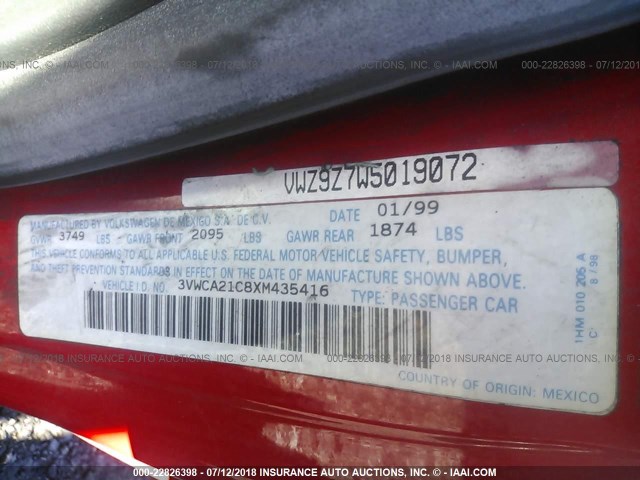 3VWCA21C8XM435416 - 1999 VOLKSWAGEN NEW BEETLE GLS RED photo 9