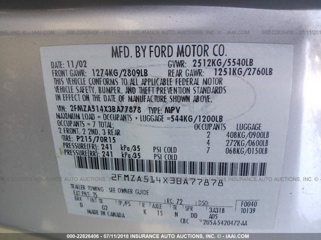 2FMZA514X3BA77878 - 2003 FORD WINDSTAR LX SILVER photo 9