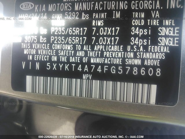 5XYKT4A74FG578608 - 2015 KIA SORENTO LX GRAY photo 9