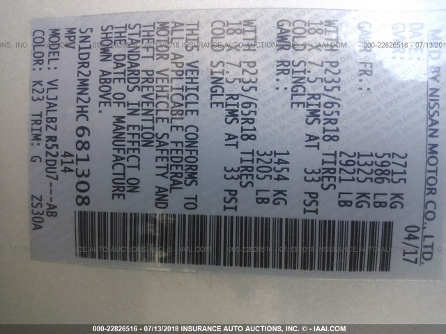 5N1DR2MN2HC681308 - 2017 NISSAN PATHFINDER S/SV/SL/PLATINUM SILVER photo 9